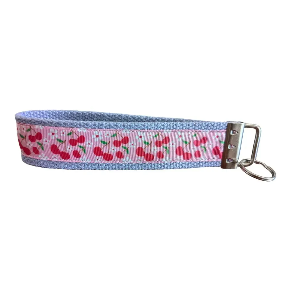 Cherry Keychain Wristlet Handmade Key FOB Cherries Floral Pink Purple Fruit Gift